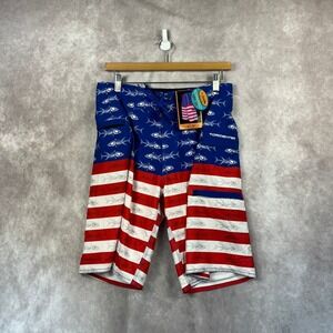 NWT Tormenter Mens Board Shorts Size‎ 30 American Flag Fish Bone 4 Way Stretch